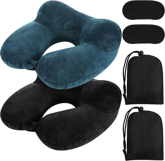 Sintuff 2 Pack Inflatable Travel Pillow for Airplanes Inflatable Neck Flight Pillows with Compact Bag and Blindfold for Traveling, Airplane, Train, Car, Office(Peacock Green and Black)