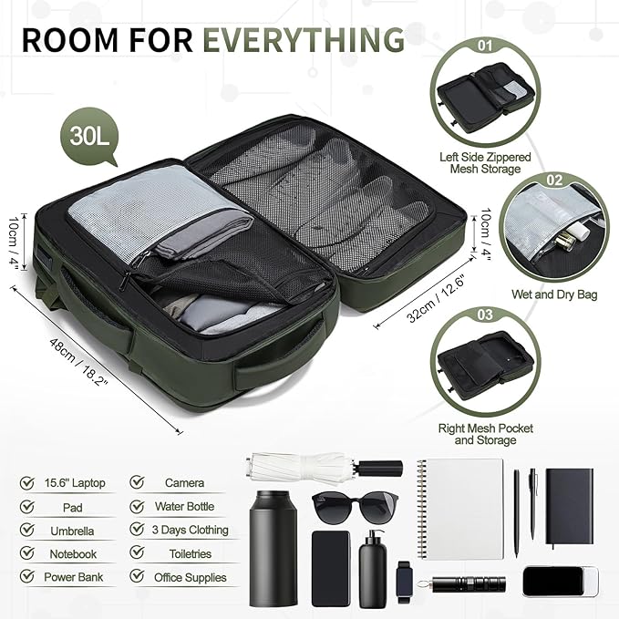 Business Travel Carry on Backpack, Lay Flat Luggage Style Bag with USB C & A, 16-inch Suitcase Capacity, Airline Approved, Green