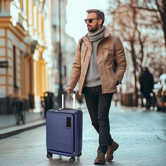 20 inch Small Carry On Luggage Front Open with Laptop Pocket, ABS+PC Hard Shell Suitcase with Spinner Wheels TSA Lock & YKK Zipper, 20in/Toiletry Bag/Handbag, Dark Deep Navy Blue