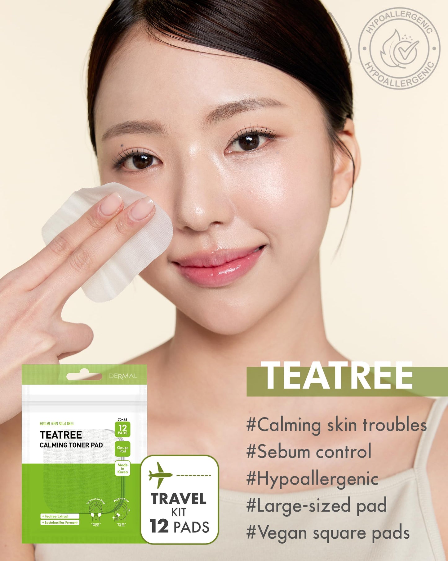 DERMAL Teatree Calming Toner Pad - Korean Toner Pad for Calming & Acne Improvement with Zinc PCA - Vegan Gauze Tencel Square Pads - Travel Kit 12 Pads, 3 Pack (Total 36 Pads)