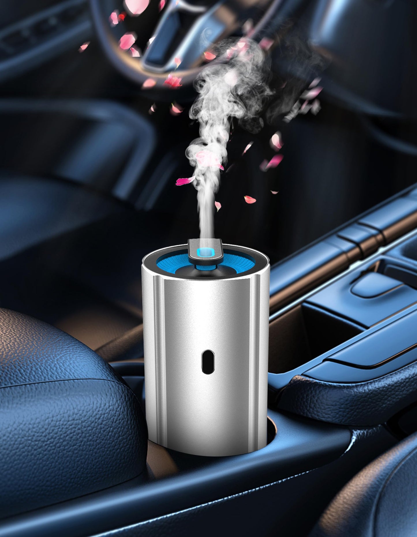 Aluminum Car Diffuser Essential Oil Car Aromatherapy Humidifier 100ml Personal Vehicle Scent Freshener Cool Mist Mini Portable Ultrasonic Diffuser with Colorful Lights for Small Space (Silver)