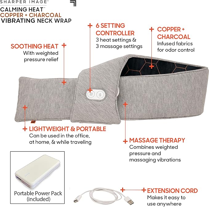 Calming Heat Neck Wrap Includes Portal Power Pack by Sharper Image Copper & Charcoal Infused Personal Electric Neck Heating Pad with Vibrations, 3 Heat & 3 Vibration Settings- 9 Relaxing Combinations