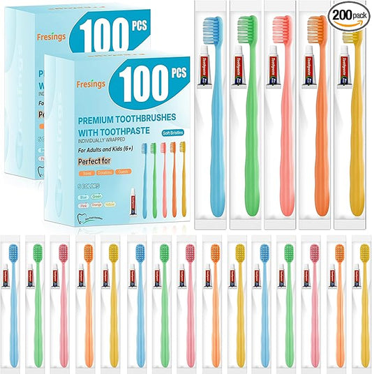 200 Pack Disposable Toothbrushes with Toothpaste, Individually Wrapped Soft Bristle Travel Toothbrush Bulk, Hotel Guest Amenities, Mint 3g Toothpaste Set for Camping, Donation & Oral Care Kit