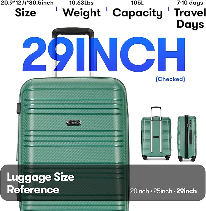 29 Inch Large Checked Luggage Expandable Hard Shell Suitcase with Spinner Wheels TSA Lock for Travel, 29inch, Green
