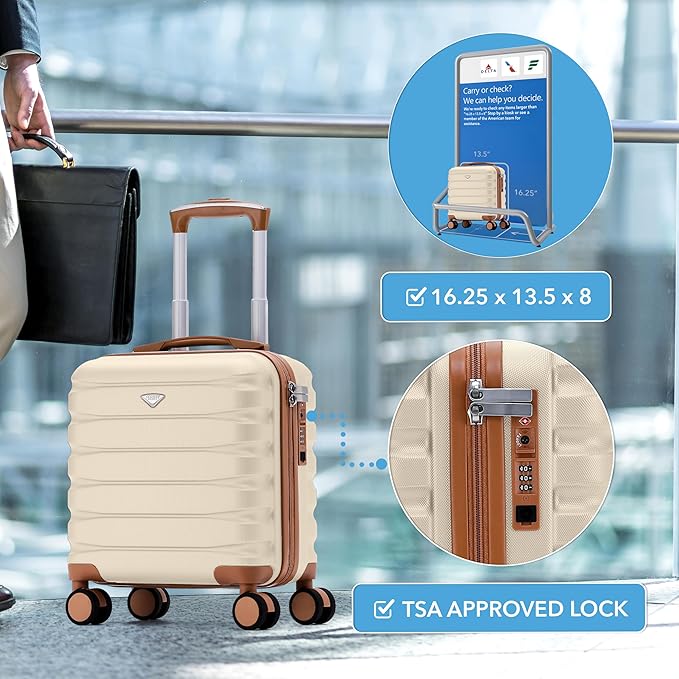 Carry On Suitcase Hardside TSA Lock & USB Port Silent Double Spinner Wheels Maximum Underseat Carry-On Bag For Virgin & South West Approved Airlines( 16.25x13.5x8" ,Cream/Tan )