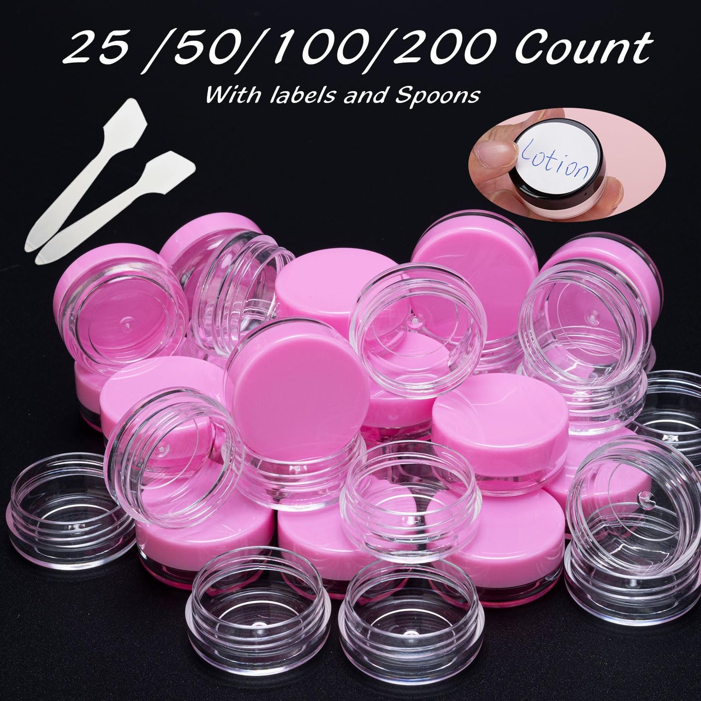 200 Count 3 Gram Sample Containers, Clear Lip Balm Containers with Lids, Small Plastic Sample Jars with 12 Mini Spoons, 200pcs Labels (Pink Lid)