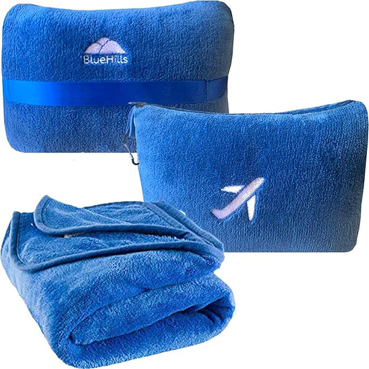 BlueHills Travel Blanket Pillow in Mini Soft Case Premium Plush Airplane Blanket in Soft Bag Compact Pack with Luggage Belt and Backpack Clip Car Portable Cozy Traveling Accessories - Royal Blue M07