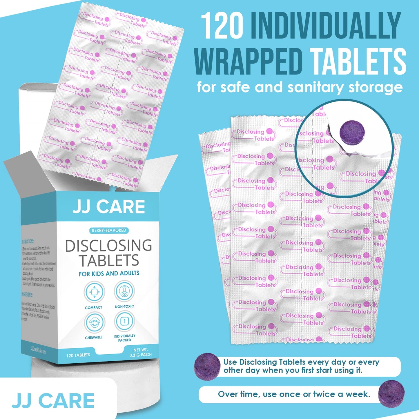 JJ Care Disclosing Tablets for Kids and Adults - 120 Count, Individually Wrapped Plaque Disclosing Tablets for Kids Brushing Teeth, Berry Flavored Plaque Remover, Dental Care for Teeth Brushing