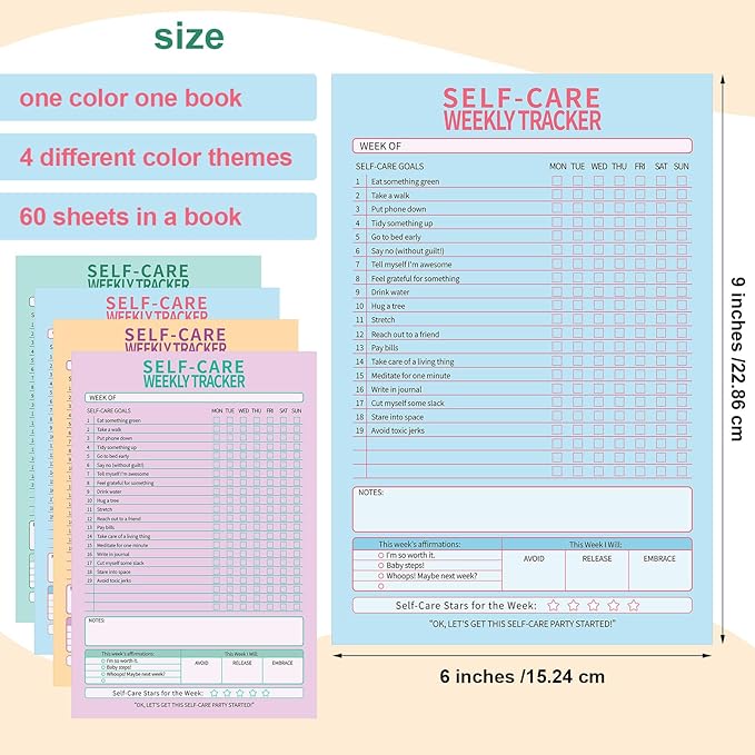 Cholemy 4 Pcs 240 Sheet Daily Checklist Weekly Tracker Pad 6 x 9 Inch Undated Notepad Productivity Schedule for Organizing Goals Mental Health Wellness Meal Prep Planner, 4 Colors (Self Care)