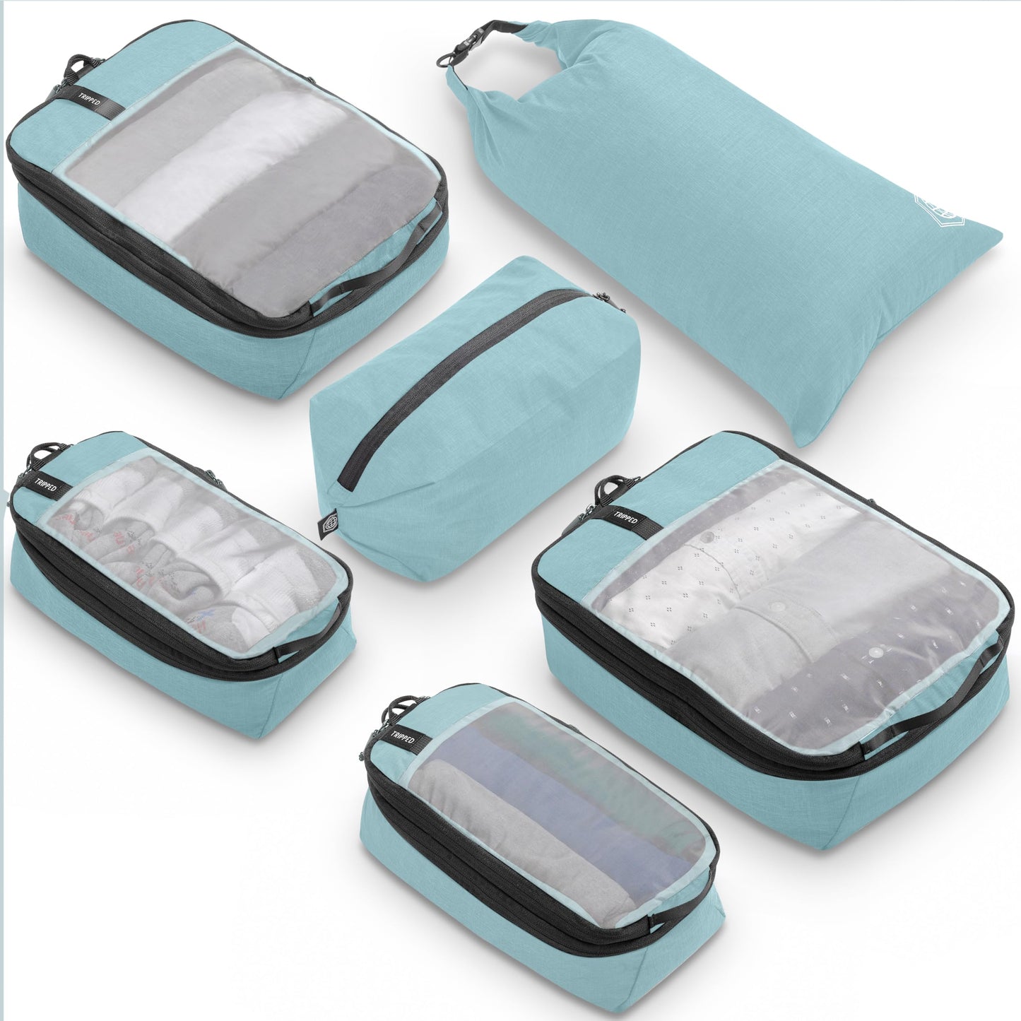 Premium Compression Packing Cubes for Travel, Compression Packaging Cube, Zip Bags Premium 6-Piece Set with laundry bag and shoe bag by TRIPPED Travel Gear (Dusty Teal Mesh)