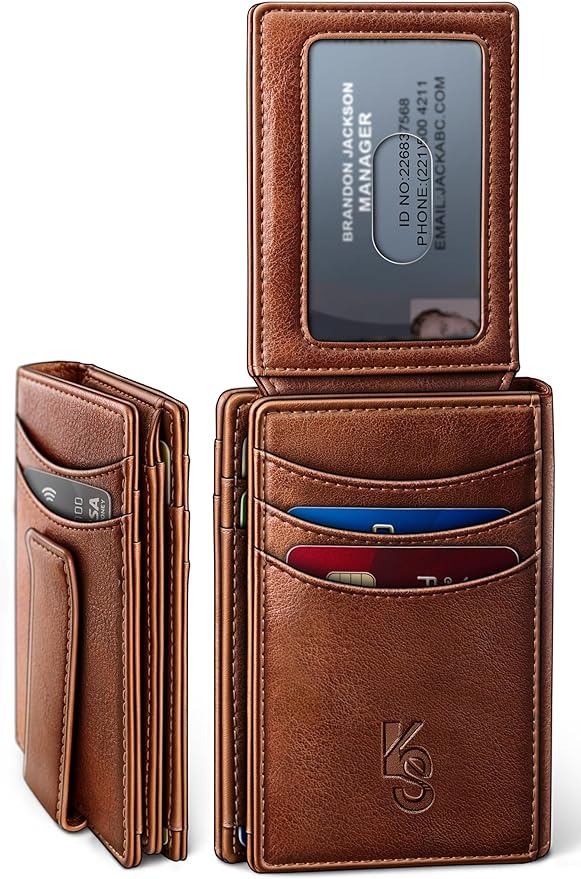 KEMISANT Men Wallet, Slim Leather Wallet Money Clip Magnetic Closure ID Windows 14Cards RFID Blocking