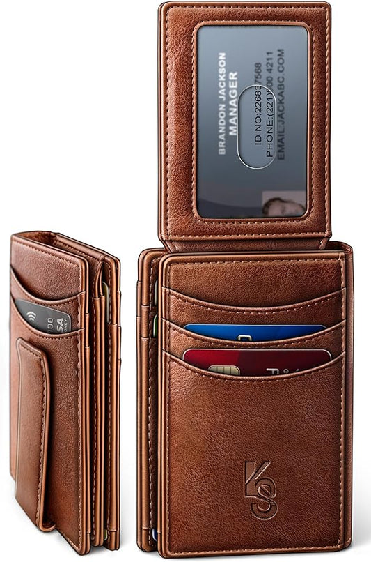 KEMISANT Men Wallet, Slim Leather Wallet Money Clip Magnetic Closure ID Windows 14Cards RFID Blocking