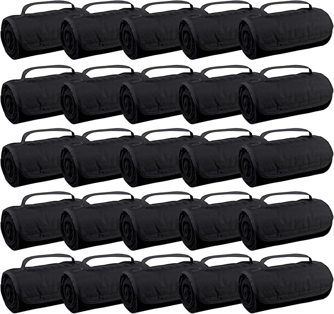 25 Ct of Roll-Up Blankets for Camping, Travel, Outdoors, Beach, Picnics – Black – Hook + Loop Closure for Easy Use in Cars & on Airplanes – Customizable for Promotions & Events