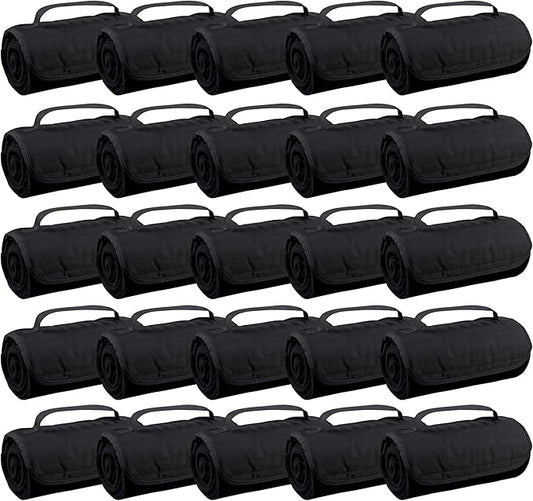 25 Ct of Roll-Up Blankets for Camping, Travel, Outdoors, Beach, Picnics – Black – Hook + Loop Closure for Easy Use in Cars & on Airplanes – Customizable for Promotions & Events