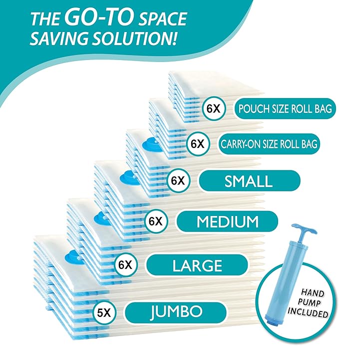 35 Pack Space Saver Bags (5 Jumbo/6 Large/6 Medium/6 Small/6 Roll-M/6 Roll-S) Compression Storage Bags for Comforters and Blankets, Vacuum Sealer Bags for Clothes Storage, Hand Pump Included