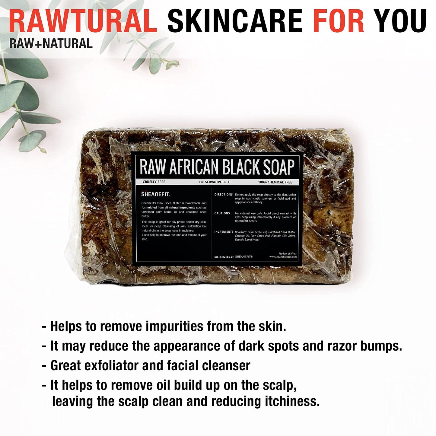 Sheanefit Raw African Black Soap Bar - For All Skin Types - Face, Body, Hair Soap Bulk Bars (15 Ounce (Pack of 1)