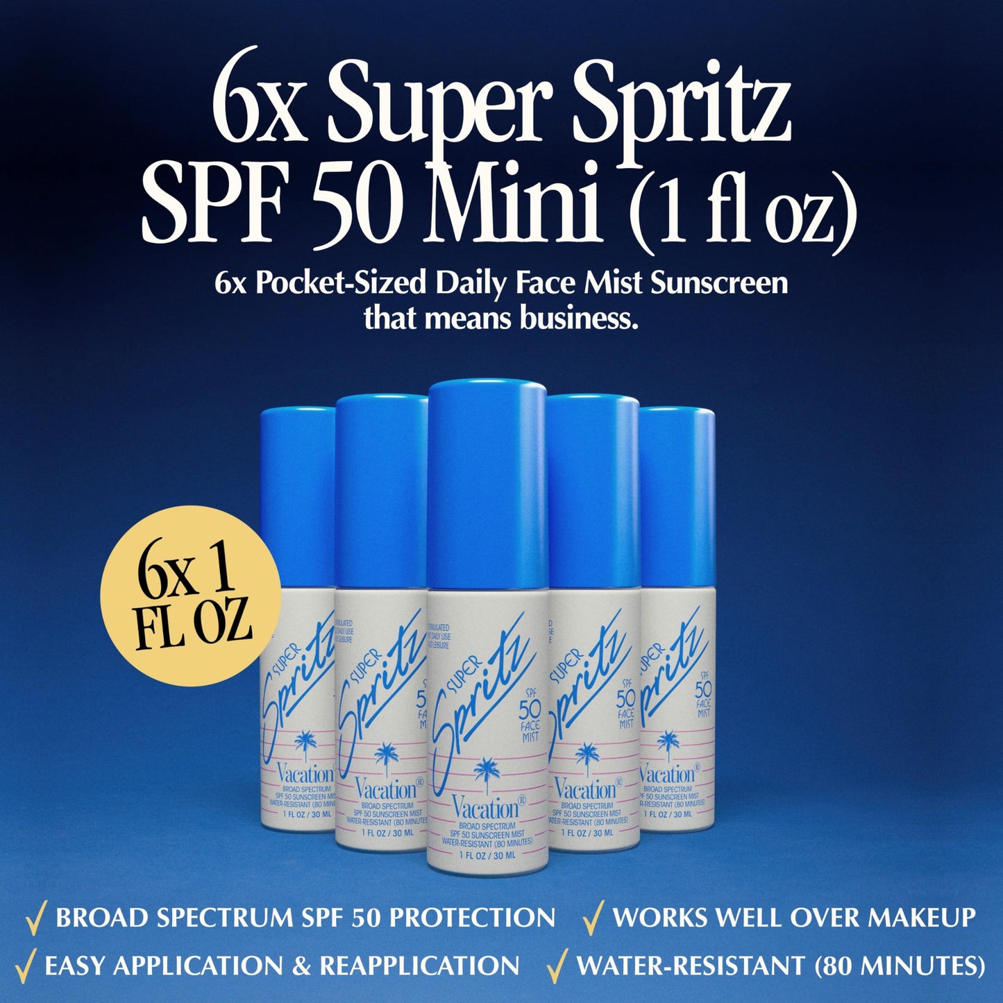 Vacation Mini Super Spritz SPF 50, Water-Resistant, Daily Face Sunscreen Spray, Mini Setting Spray, Non-Comedogenic, Vegan, Travel Size, 1 Fl. Oz. (Value Pack of 6)