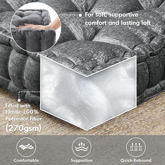 Intelligent Design Azza Floor Pillow, Large Cushions Sitting for Adults, Floor Pillow for Meditation or Yoga, Lustrous Chenille Tufted with Scalloped Edges for Bench/Chair Cushion, 20"x20"x5" Charcoal