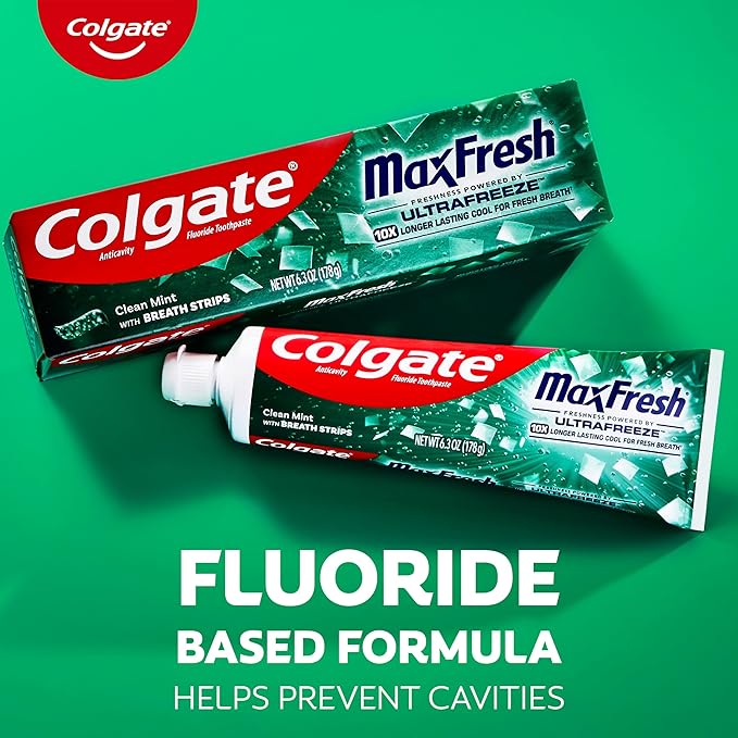 Colgate MaxFresh Clean Mint Toothpaste Pack, Fresh Breath Toothpaste with Fluoride and Hundreds of Mini Breath Strips, Leaves Mouth Feeling Refreshed for Hours, 4 Pack, 6.3 oz