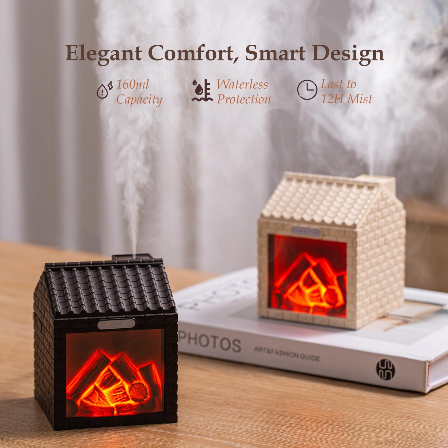Mini Fireplace Cool Mist Humidifier with Flame Light, USB Powered, Auto Shut-Off, Portable for Bedroom Office Travel, 200ml, Coffee Brown