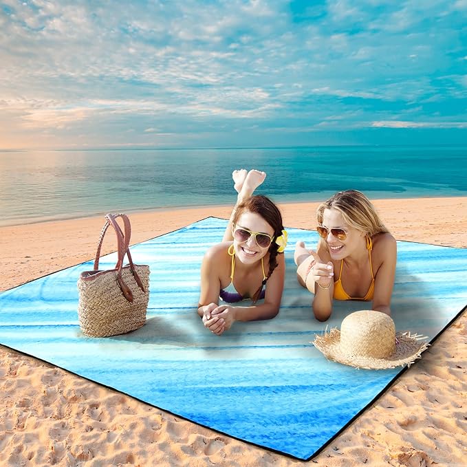 Beach Blanket Waterproof Sandproof Beach Mat 79" X 83"/10'x9'for 2-8 Adults Quick Drying Outdoor Picnic Mat Beach Accessories for Travel, Camping, Hiking