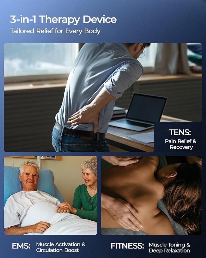 KingPavonini 3-in-1 TENS Unit Muscle Stimulator for Pain Relief Therapy, Dual Channel 36 Modes TENS Machine with 12 Pads, Rechargeable & Portable EMS Muscle Stimulator for Back, Shoulder, Neck