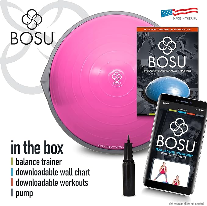 Bosu Balance Ball Exercise Trainer, Home Gym Equipment w/ Guided Workouts & Pump, 26", Blue - Inflatable Fitness Platform for Strength Training, Standing, Balancing, and Core Workout