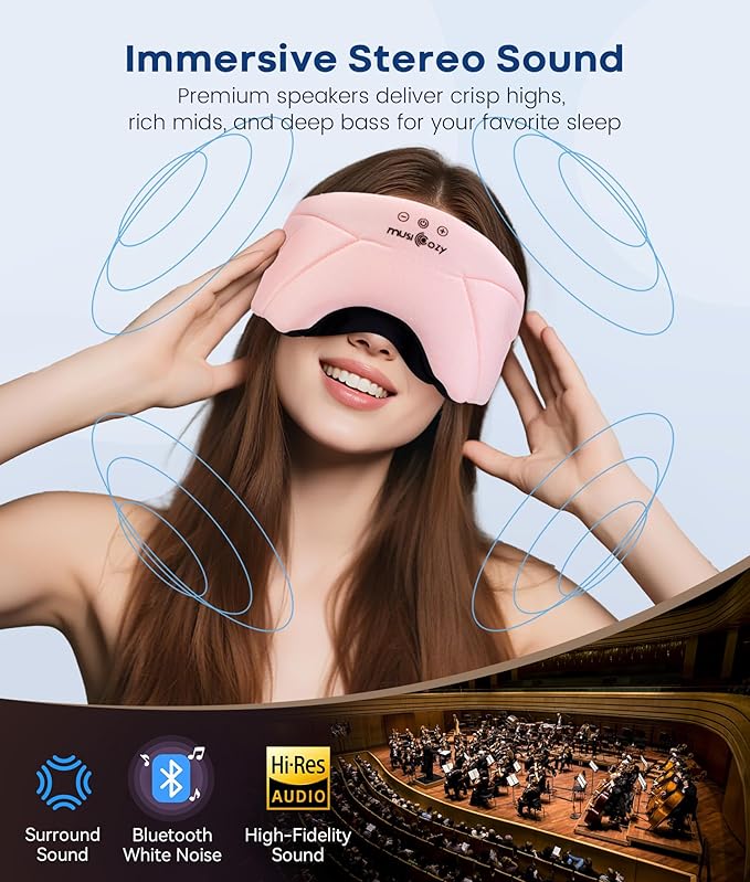 MUSICOZY Sleep Headphones, Bluetooth 5.4 Sleep Mask, Washable Zipper Eye Mask with HD Stereo Speakers, Cooling Ice Silk Fabric, 14H Playtime Wireless Headband Headphones for Side Sleepers