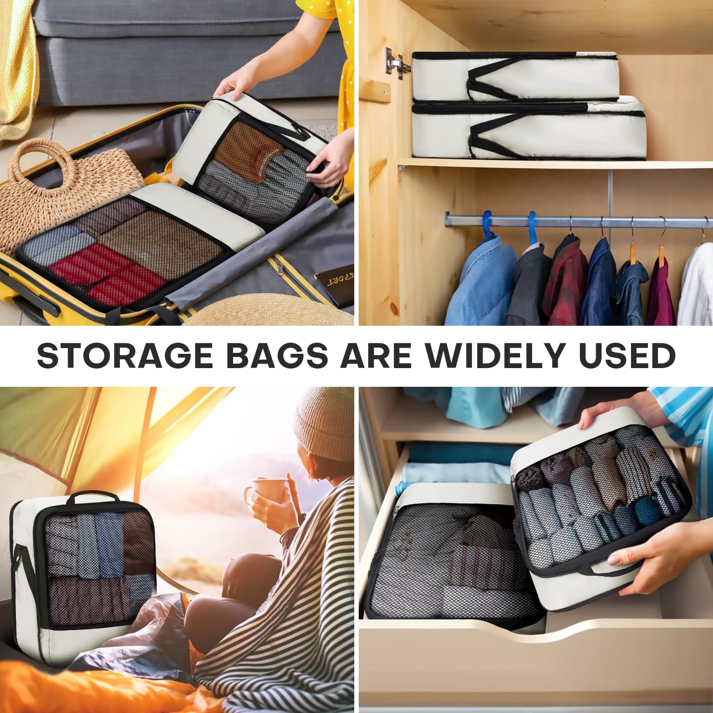 4 PCS Set Compression Packing Cubes for Travel, Lightweight Packaging Organizer Bags for Carry On Space Saving, Travel Essentials Cubes for Suitcase Backpack, Beige