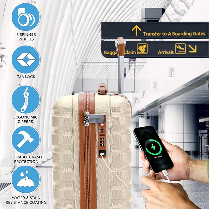 Carry On Suitcase Hardside TSA Lock & USB Port Silent Double Spinner Wheels Maximum Underseat Carry-On Bag For Virgin & South West Approved Airlines( 16.25x13.5x8" ,Cream/Tan )