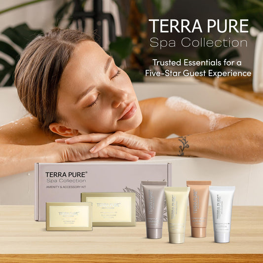 Terra Pure Spa Collection Amenity Kit | Hotel Bulk Toiletries | 0.85 oz Shampoo, Conditioner, Lotion, Body Wash, Massage Bar for Guest Hospitality Vacation Rentals | 1 Set/Case