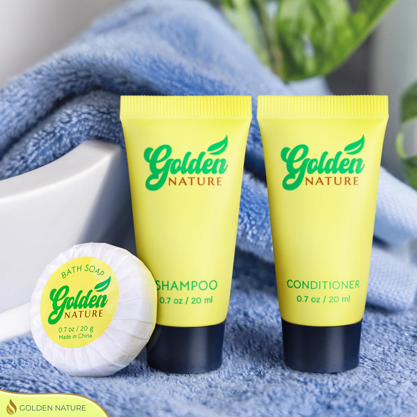 Golden Nature - Travel Size Soap, Shampoo & Conditioner Set - Jasmine, 0.7 oz each, 150 Pcs - 3-Piece Kit: 50 Round Bar Soap, 50 Shampoo & 50 Conditioner - Bulk Small Size Luxury Toiletries