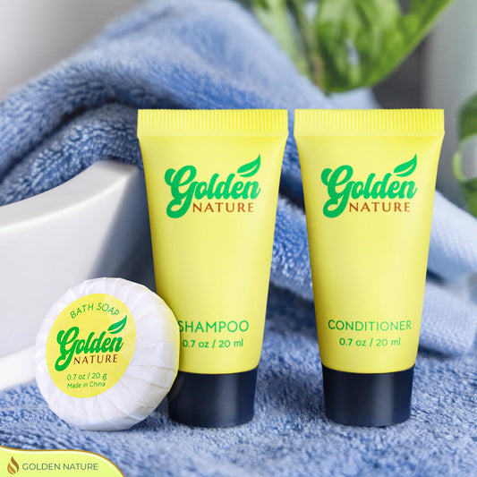 Golden Nature - Travel Size Soap, Shampoo & Conditioner Set - Jasmine, 0.7 oz each, 150 Pcs - 3-Piece Kit: 50 Round Bar Soap, 50 Shampoo & 50 Conditioner - Bulk Small Size Luxury Toiletries