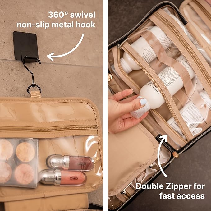 Carrywell |Not Made In China| Hanging Toiletry Travel Bag For Women, Makeup Organizer Case, Water-Resistant Cosmetic Bag For Full-size Containers, Toiletries (Pink, Small)