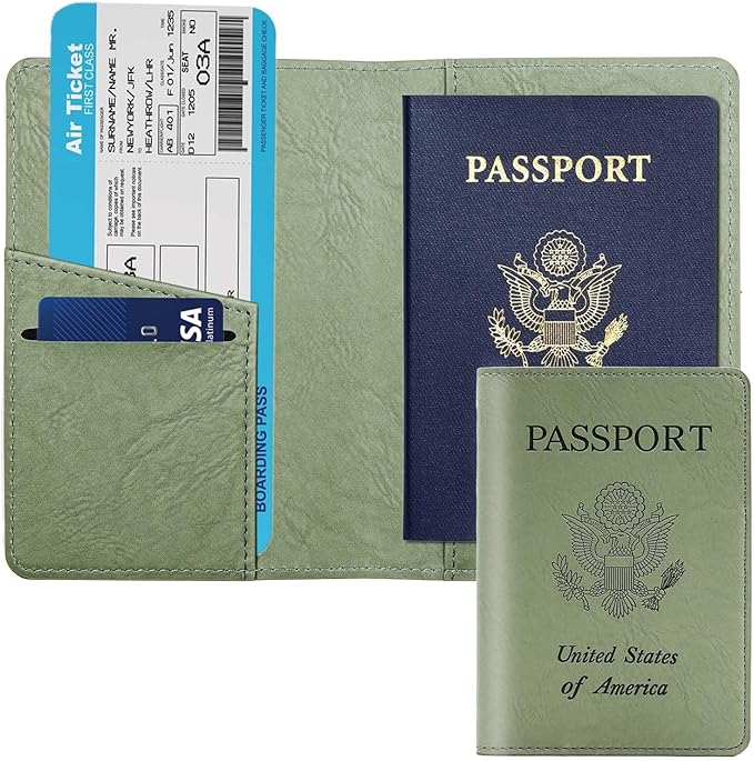 Cnycmy Passport Holder–Slim Travel Organizer for Passport, RFID Blocking,Boarding Pass, Credit Cards | Vegan Leather & Anti-Theft Design (Moss Green5)