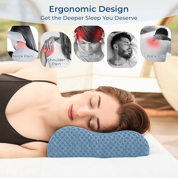 Travel Pillow Memory Foam Pillows, Ergonomic Wave Cervical Neck Pillow for Neck Pain Relief, Compressible Medium Firm Side Sleeper Pillow, Ideal for Camping, Office, Home & Bed (Blue, M)