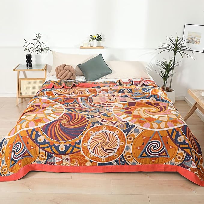 Boho Throw Blanket, King Size Pure Cotton Circle Pattern Muslin Throw Blankets for Adults, Cozy Warm Throws for Couch, Versatile Halleween Mexican Blankets,90"x98"