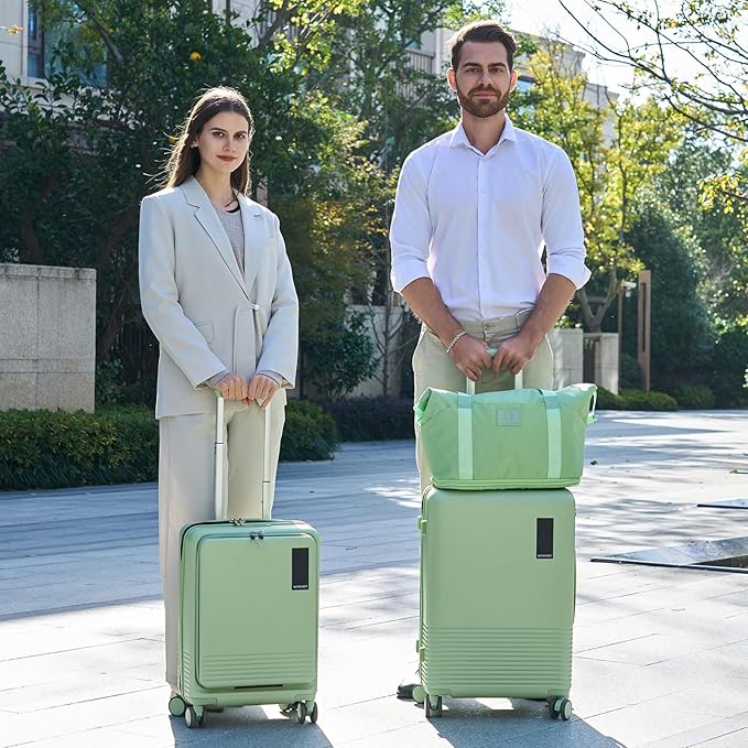 2 Piece Luggage Sets with Spinner Wheels Front Open Pocket, ABS+PC Suitcase with TSA Lock & YKK Zipper, Carry On 20/24 inch Medium +Toiletry Bag+Handbag, Light Avocado Green