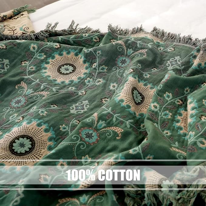 Boho Throw Blanket for Bed 100% Cotton Ultra Soft Rustic Quilt Fall Blanket Floral Printed Farmhouse Decor Bed Blankets,80"×90" All Season Rustic Throw for Sofa Couch Chair