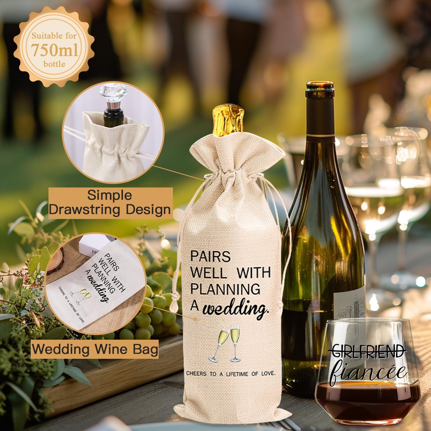 Cyrelwing Engagement Gift Set - 4 Pcs Newly Engaged Gifts for Couple, Bride, Fiance - Party Gifts With Wine Bag and Diamond Wine Stopper