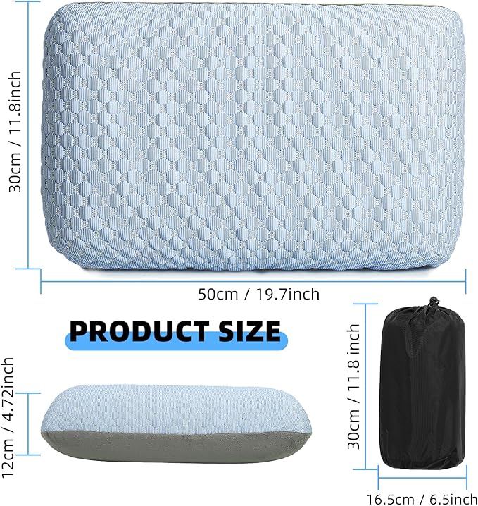 Travel and Camping Pillow- Compressible Medium Firm Memory Foam Pillow with Carry Bag for Backpacking & Airplane, Lumbar Support. Breathable Cooling Fabric, Washable Pillowcase (Wathet Blue)