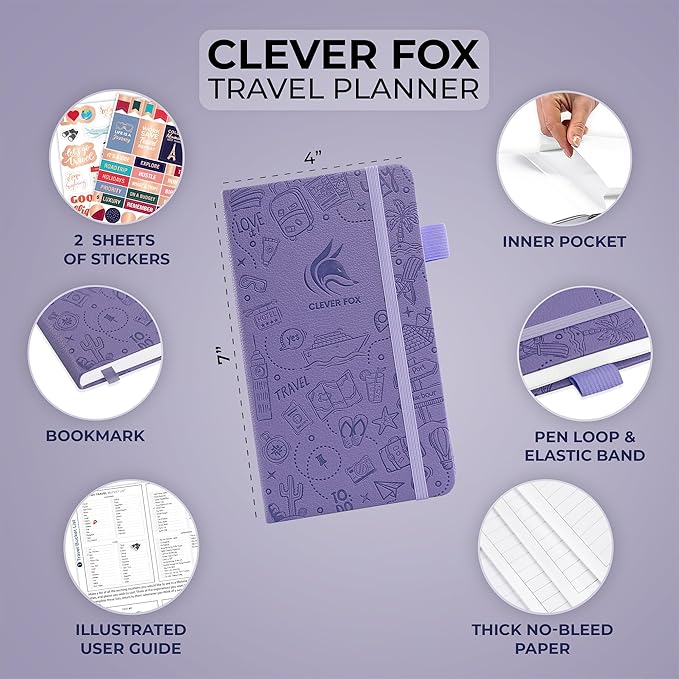Clever Fox Travel Journal Pocket – Vacation & Road Trip Itinerary Planner Organizer & Traveling Memory Diary – Small Traveler Notebook (Lavender)