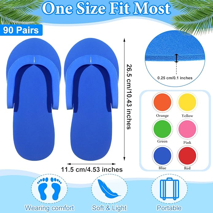 Janmercy 90 Pairs Pedicure Slippers for Guests Foam Disposable Flip Flops Pedicure Shoes Sandals Bulk for Women Spa Party Supplies, 6 Colors, 4. 53 x 10. 43 Inches