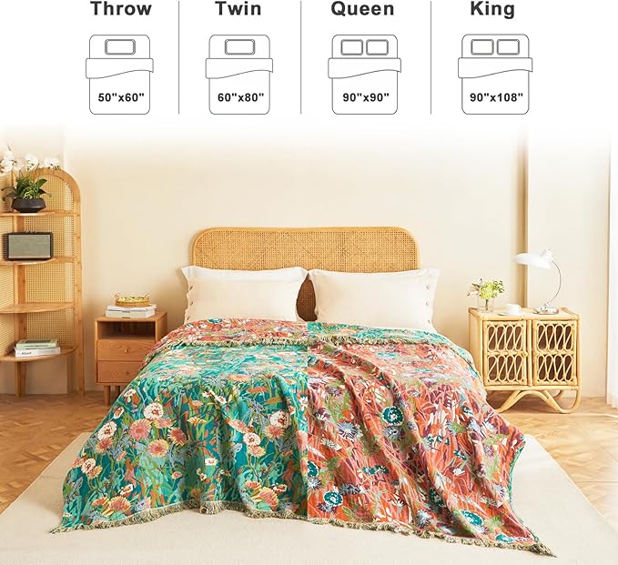 Boho Throw Blanket for Couch Sofa Chair Cotton Blankets for Bedroom Living Room All Season Soft Lightweight Reversible Floral Embroidery Throws 50"x60"