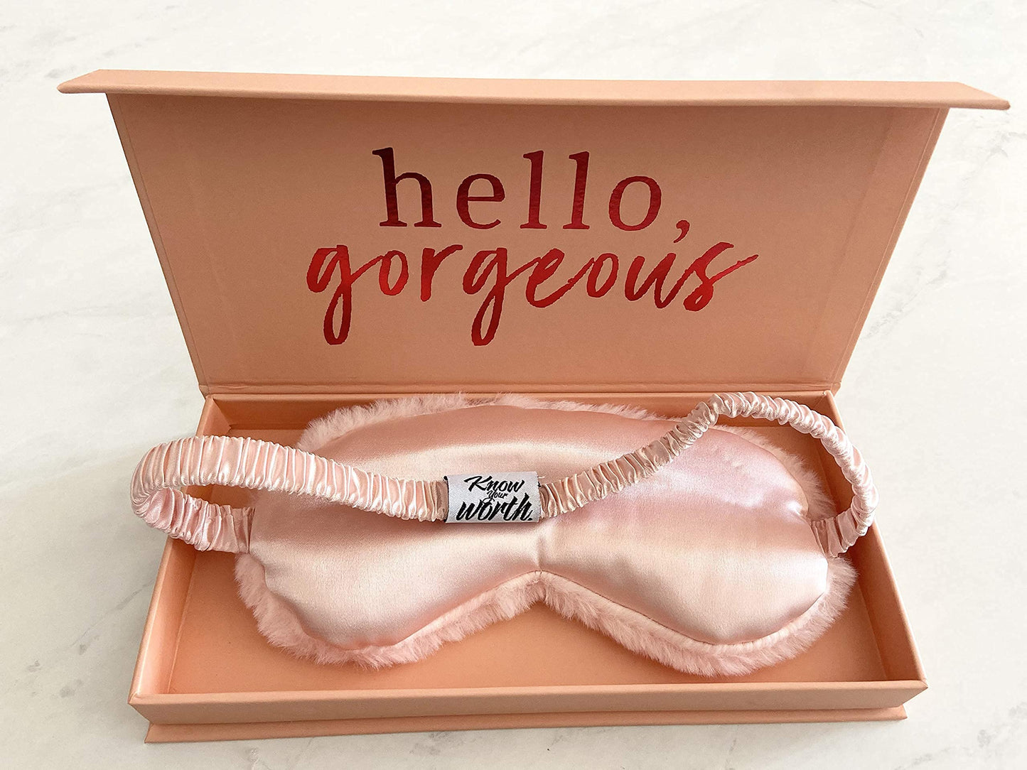 Know Your Worth 100% Mulberry Silk Sleep Eye Mask + Luxury Gift Box - Soft Faux Fur on One Side, Silk on Other - 100% Blackout - Best Gift for Her