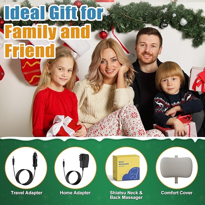 Shiatsu Neck and Back Massager with Heat, Back Massager for Pain Relief Deep Tissue, Massager for Neck and Shoulder Pain, Massage Pillow with Cover, Adjustable Straps & Portable Handle (No Battery)