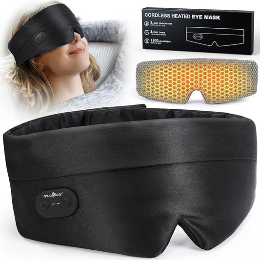 MUSICOZY Heated Eye Mask for Dry Eyes, Silk Warm Compress with 3 Heat Levels & Timer, Cordless Washable Eye Mask for Stye Relief, Puffy Eyes, Relaxation & Sleep