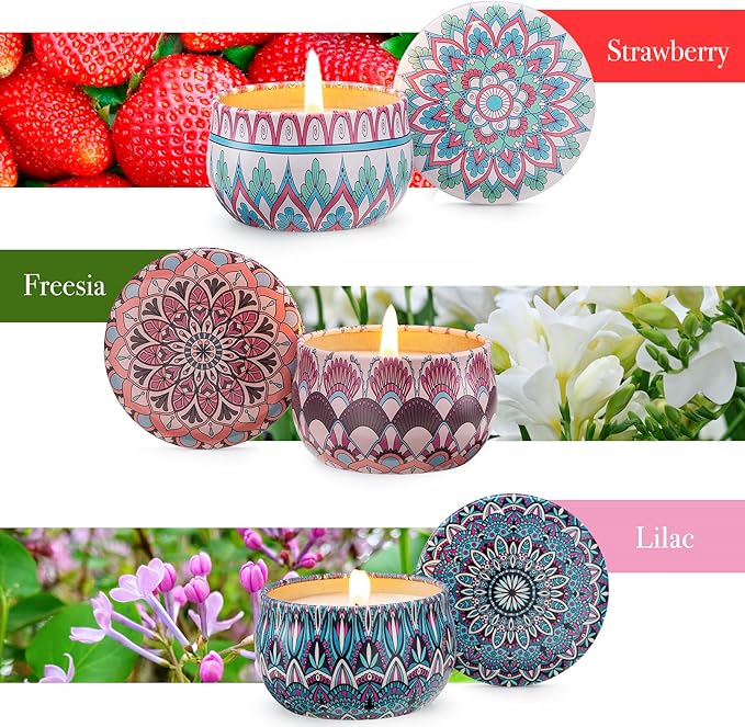 Hausware 3 Pack Scented Candles, 2.5 oz Aromatherapy Candles with Floral Scents,Soy Candles Set with 72H Burning Time,Ideal Gift for Women (Strawberry+Lilac+Freesia)