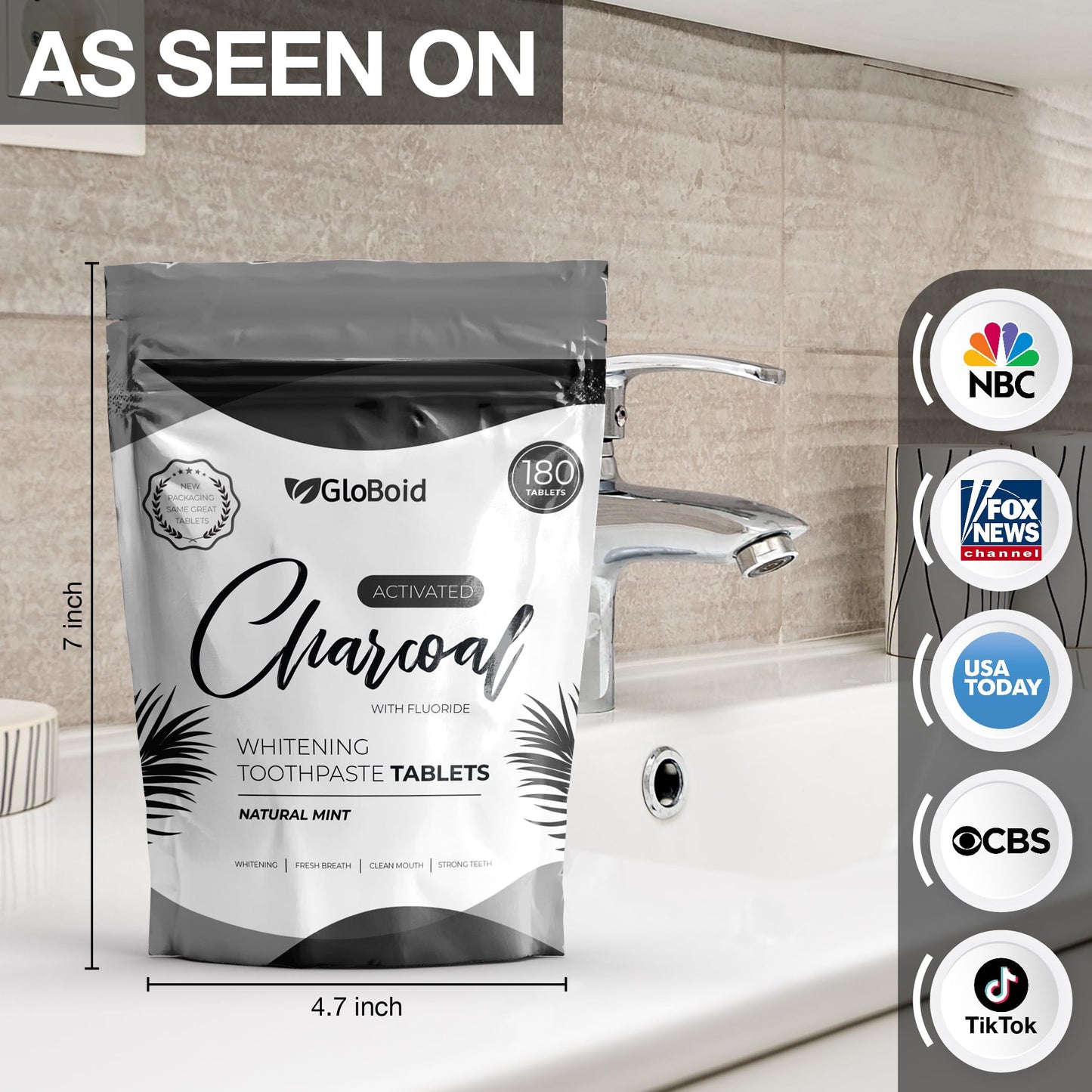 GloBoid Charcoal Toothpaste Tablets with Fluoride Three Month Refill, Zero Waste, Eco Friendly & Plastic Free Toothpaste Tabs, Toothpaste Bites for Travel