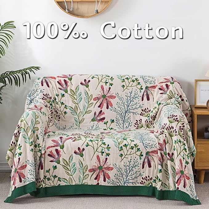 Boho Throw Blanket 100% Cotton, Green Grass Muslin Large Queen Size Quilt Blanket for Bed, Sofa, Couch, Farmhouse Decor Bed Blankets, All Season Rustic Throw Blanket